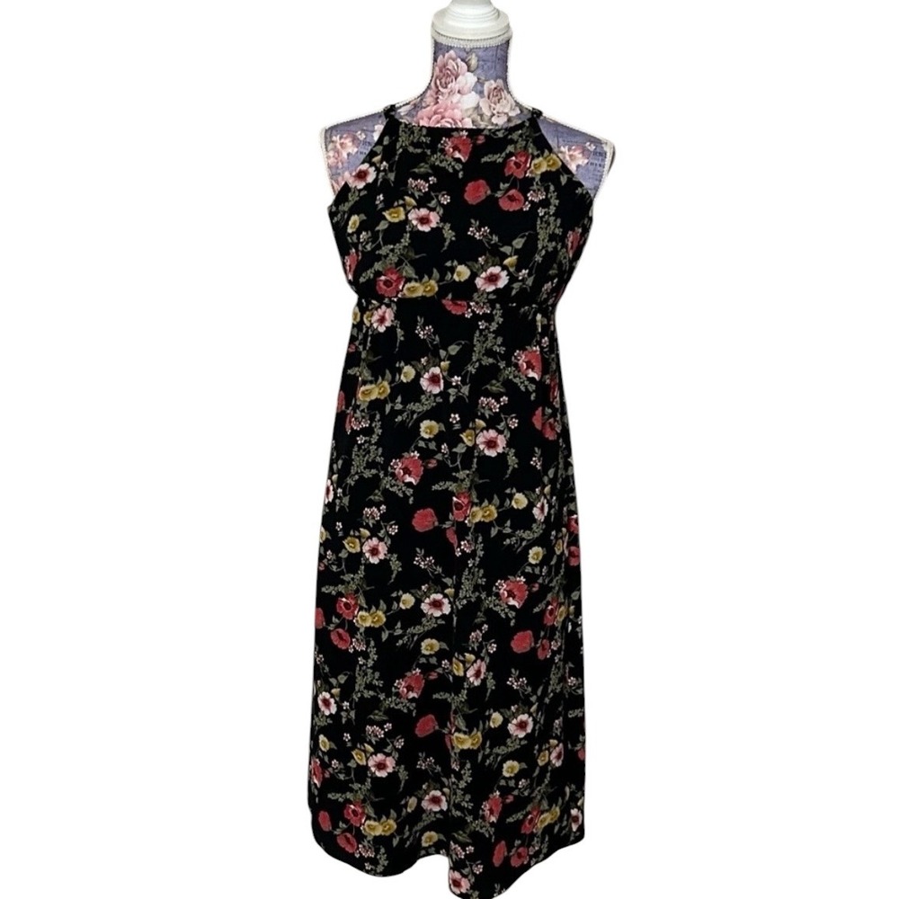Luv Hearts Monteau Women Black Floral Halter Midi Dress Elastic Waist Sz 10/12 M